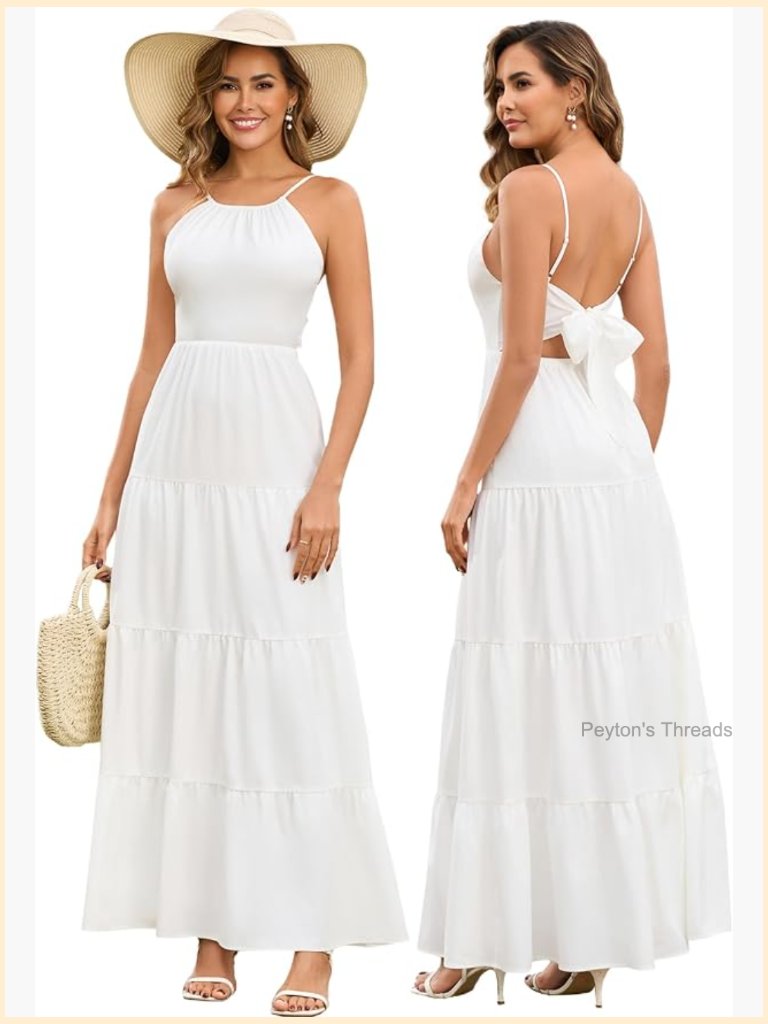 Floral Bow Tie Maxi Sundress Backless A-Line Flowy Boho Beach Long Dress